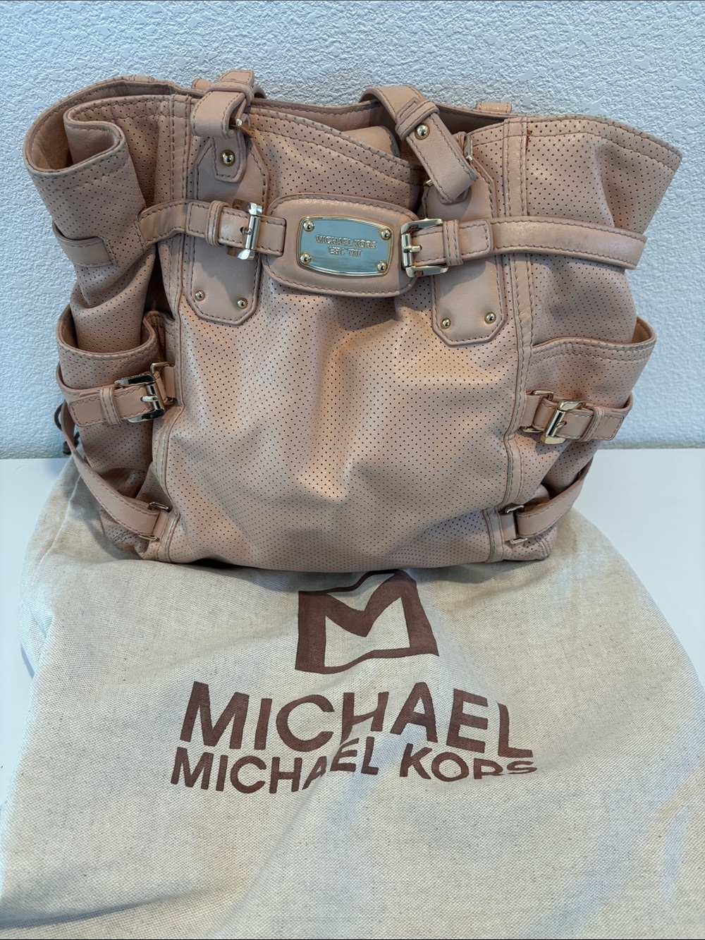 Michael Kors Blush Pink Perforated Leather Tote with Gold Hardware